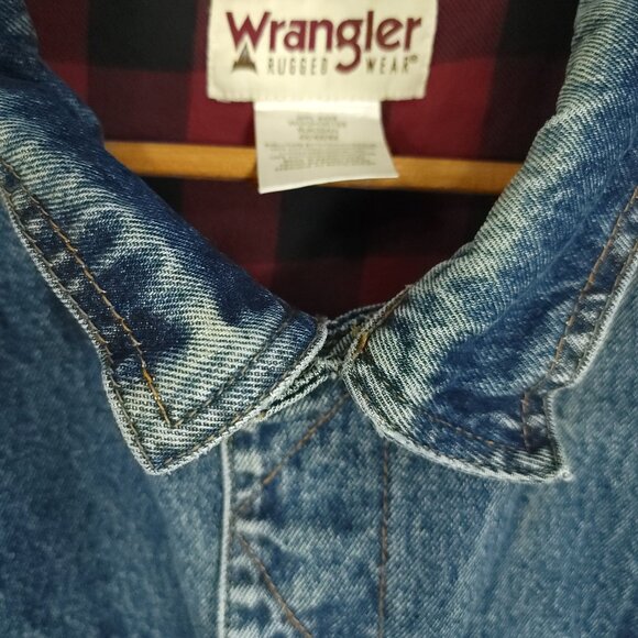 Wrangler Trucker Jacket Men's 4X Blue Denim Button Front Plaid Lined Distressed - Picture 5 of 14